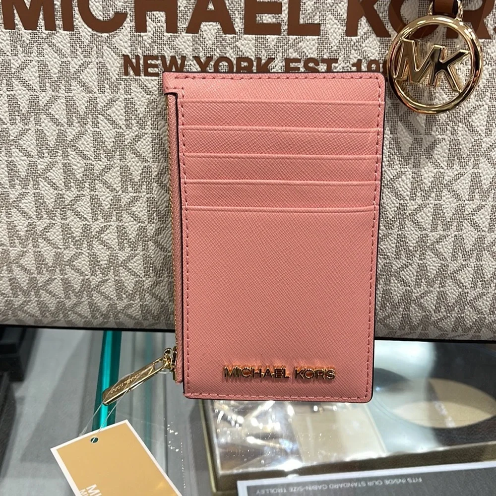 MICHAEL KORS Jet Set Travel Medium Top Zip Leather Card Case Wallet Primrose NWT